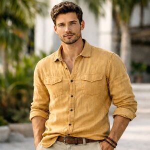 Thaddeus 100% Linen Button-Up Shirt – Size XL – Soft Sunwashed Orange Resortwear